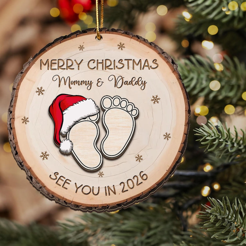 Baby Expecting See You In 2026 - Personalized 2-Layered Wooden Ornament, Custom Baby Announcement Christmas Ornament, Mommy Daddy Gift