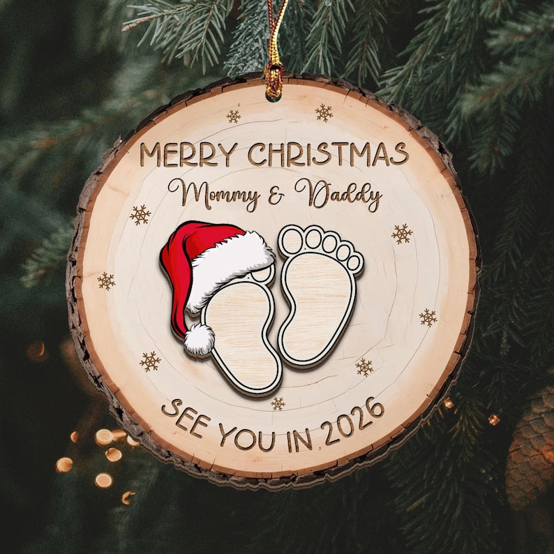 Baby Expecting See You In 2026 - Personalized 2-Layered Wooden Ornament, Custom Baby Announcement Christmas Ornament, Mommy Daddy Gift