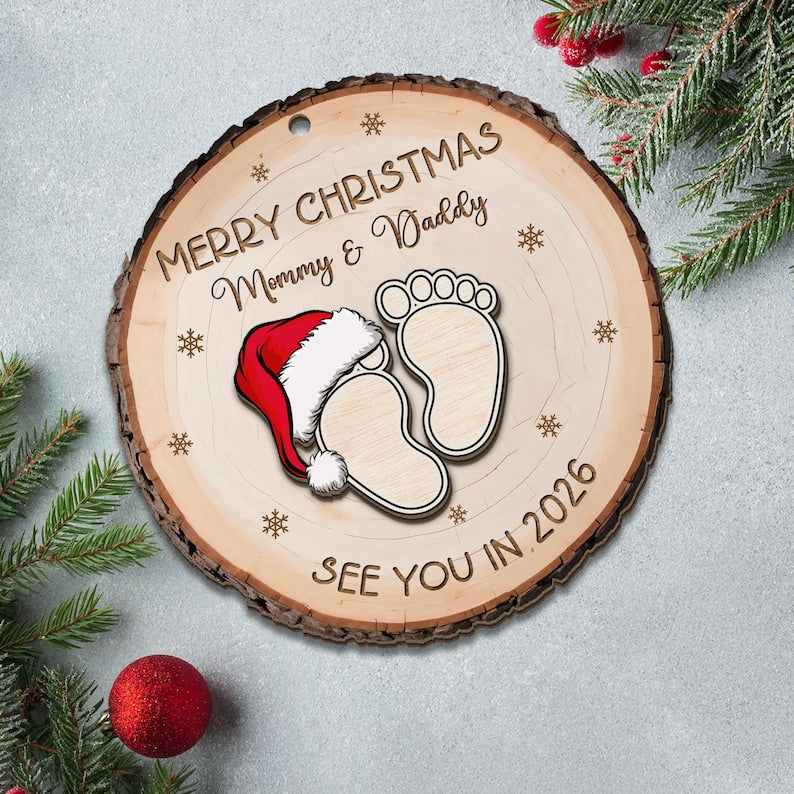 Baby Expecting See You In 2026 - Personalized 2-Layered Wooden Ornament, Custom Baby Announcement Christmas Ornament, Mommy Daddy Gift