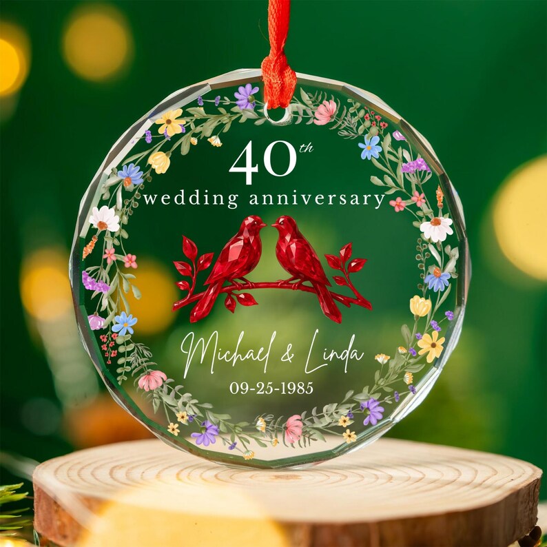 Personalized 40th Anniversary Crystal Glass Ornament, 40 Years Wedding Dove Gifts for Parents, Forty Wedding Gift, Ruby Anniversary Gift
