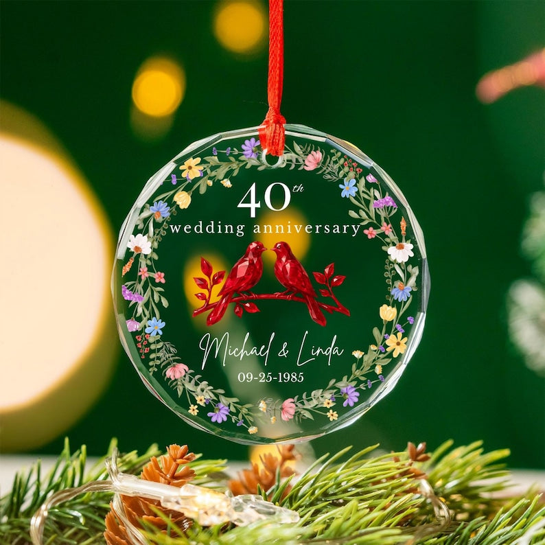 Personalized 40th Anniversary Crystal Glass Ornament, 40 Years Wedding Dove Gifts for Parents, Forty Wedding Gift, Ruby Anniversary Gift