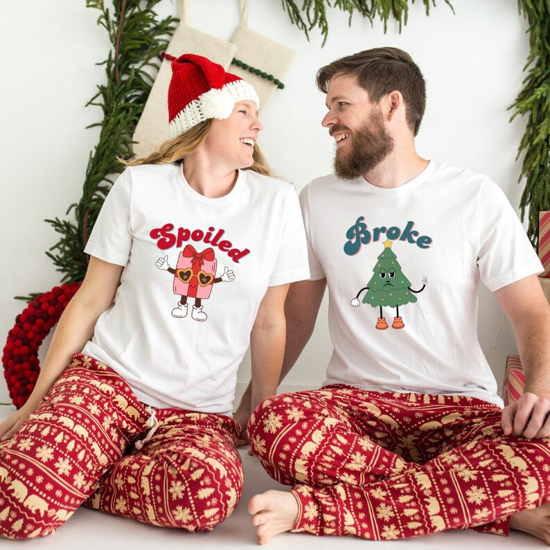 Broke and Spoiled Christmas Couple Shirts Funny Matching Holiday Tees with Cute Sayings, His and Hers Christmas Shirts for Couples
