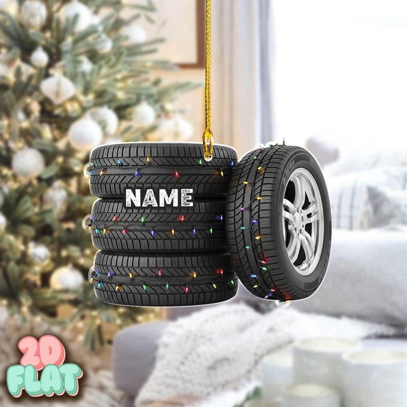 Personalized Tire 2D FLAT Ornament with Christmas Lights, Custom Car Wheel Holiday Decoration, Unique Auto Lover Xmas Gift with Name