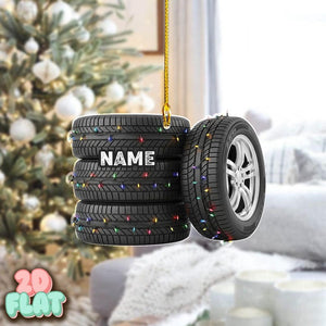 Personalized Tire 2D FLAT Ornament with Christmas Lights, Custom Car Wheel Holiday Decoration, Unique Auto Lover Xmas Gift with Name
