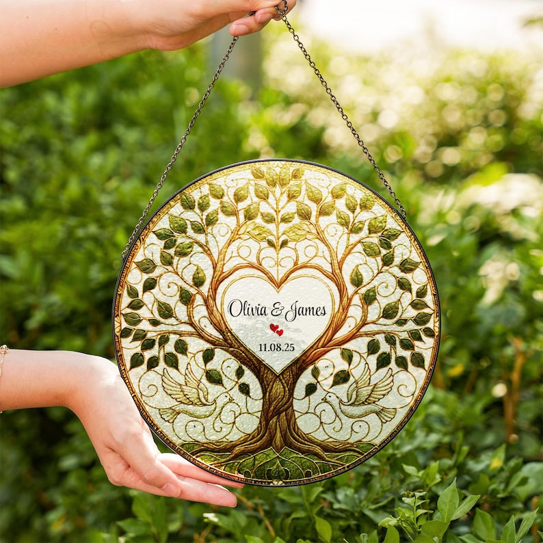 Wedding Tree Suncatcher Stained Glass Style, Personalized Wedding Gift for Bride & Groom