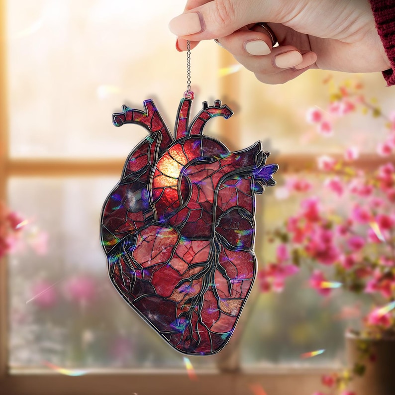 Anatomical Heart Acrylic Suncatcher, Red Acrylic Style Organ with Candle Flame, Gothic Medical Anatomy Window Hanging Decor