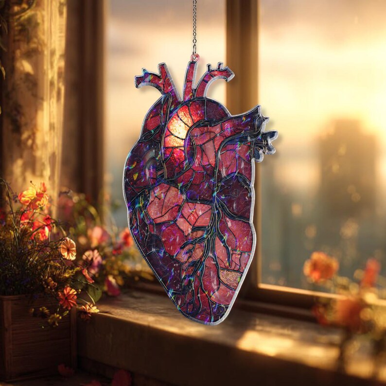 Anatomical Heart Acrylic Suncatcher, Red Acrylic Style Organ with Candle Flame, Gothic Medical Anatomy Window Hanging Decor
