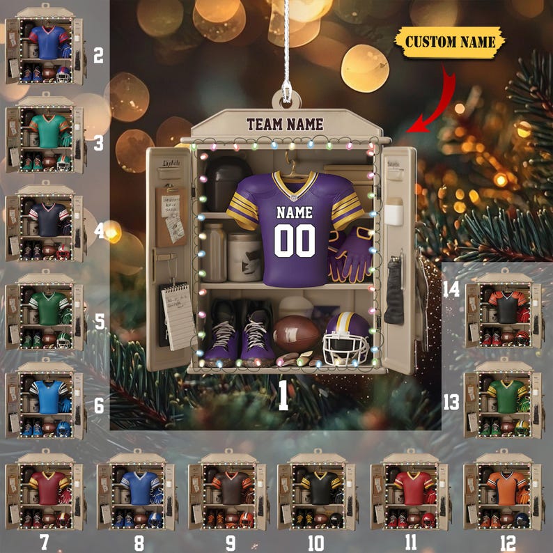 Personalized Football Locker Christmas 2D Ornament, Custom Name Team Jersey Acrylic Ornament, Sports Holiday Decor, Football Player & Fan