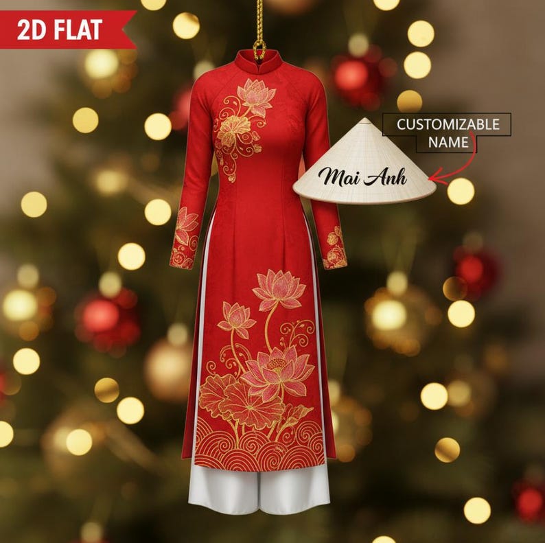 Custom Name Vietnamese Ao Dai Ornament 2D Flat Acrylic Christmas Tree Hanging Decoration, Unique Holiday Gift Keepsake 2025
