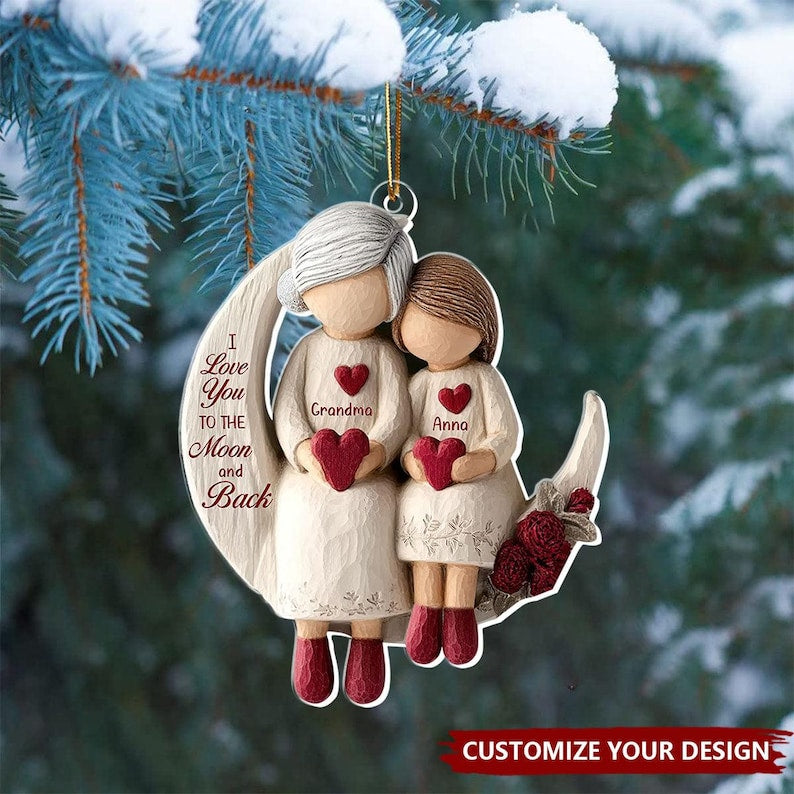 Grandma And Grandchild Moon Love Ornament, Christmas Keepsake For Grandma, Personalized 2D Flat Acrylic Ornament