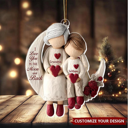Grandma And Grandchild Moon Love Ornament, Christmas Keepsake For Grandma, Personalized 2D Flat Acrylic Ornament
