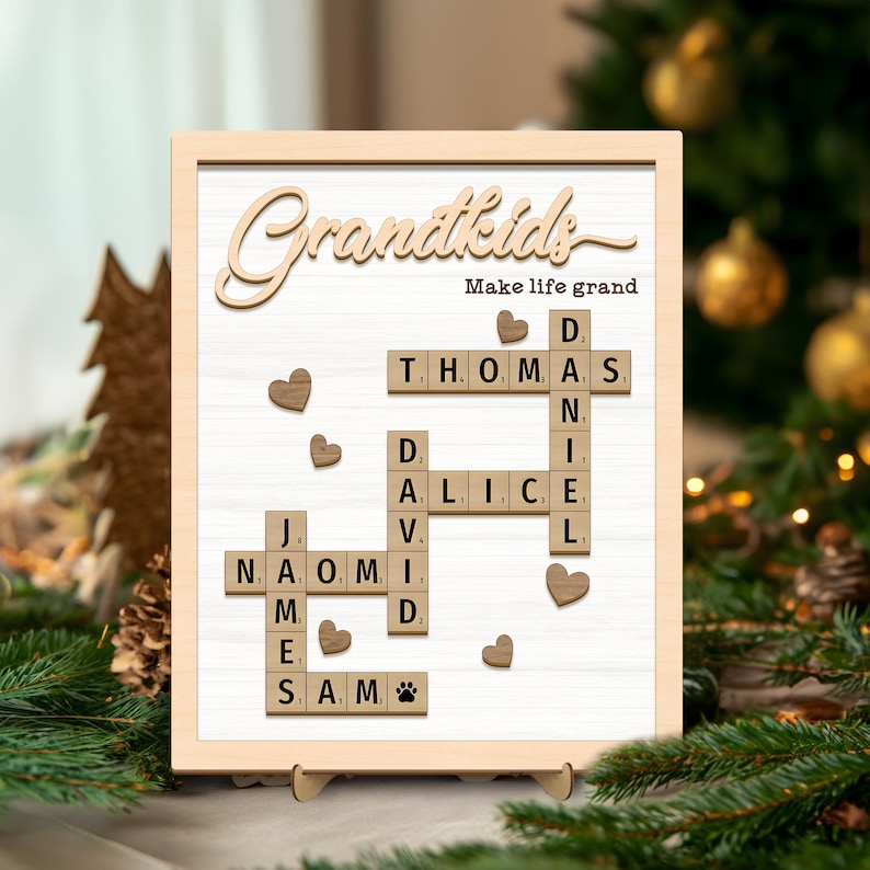 Custom Scrabble Puzzle Sign, Grandkids Crossword Scrabble Wooden Sign, Family Name Sign, Grandparents Christmas Gift, Grandchildren Sign