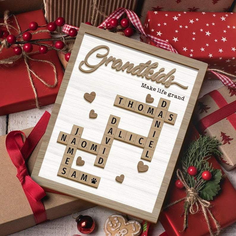 Custom Scrabble Puzzle Sign, Grandkids Crossword Scrabble Wooden Sign, Family Name Sign, Grandparents Christmas Gift, Grandchildren Sign
