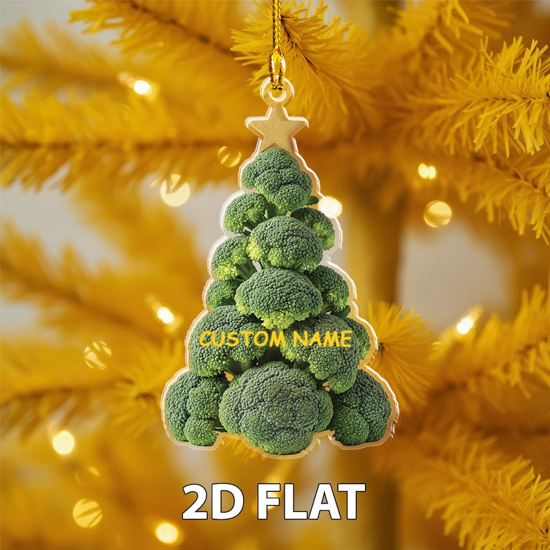 Personalized Broccoli 2D FLAT Christmas Ornament, Funny Veggie Tree Holiday Decor, Custom Name Food Lover Gift, Unique Xmas Kitchen Ornament