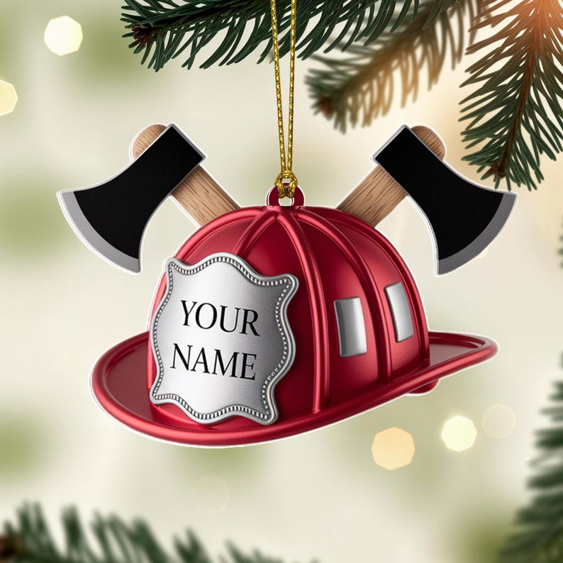 Custom Firefighter Helmet Christmas Ornament, Tree Hanging Decor, Flat 2D Acrylic, Personalized Hero Gift for Him Holiday Keepsake 2025