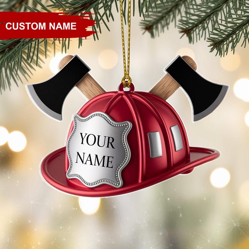 Custom Firefighter Helmet Christmas Ornament, Tree Hanging Decor, Flat 2D Acrylic, Personalized Hero Gift for Him Holiday Keepsake 2025