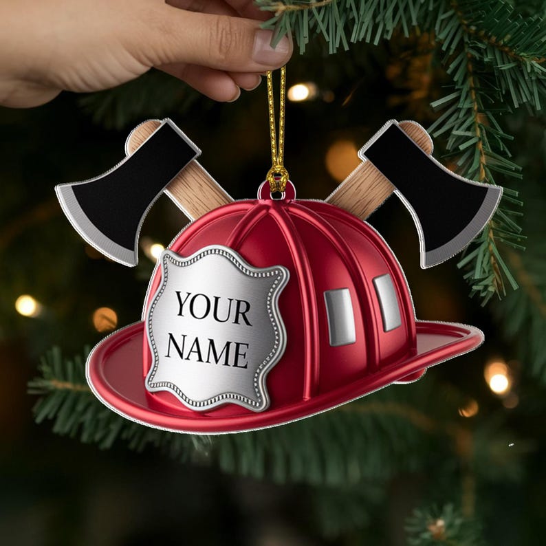 Custom Firefighter Helmet Christmas Ornament, Tree Hanging Decor, Flat 2D Acrylic, Personalized Hero Gift for Him Holiday Keepsake 2025
