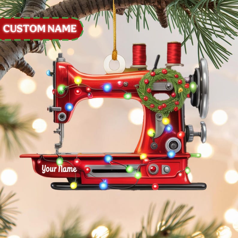 Custom Sewing Machine Christmas Ornament, Tree Hanging Decor, Flat 2D Acrylic, Personalized Seamstress Gift for Her Holiday Keepsake 2025