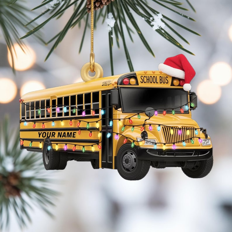 Custom School Bus Christmas Ornament, Tree Hanging Decor, Flat 2D Acrylic, Personalized Driver Gift for Him Holiday Keepsake 2025