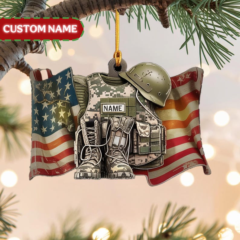 Custom Military Christmas Ornament, Tree Hanging Decor, Flat 2D Acrylic, Personalized Soldier Gift for Him Holiday Keepsake 2025
