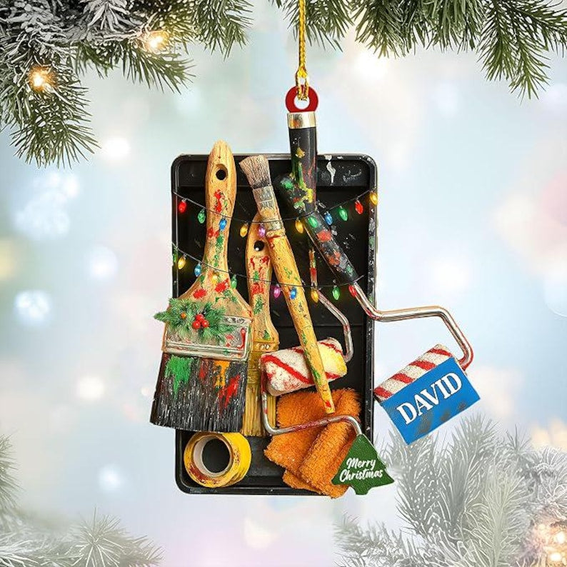 Custom House Painter Ornament, Personalized Paint Tray and Roller Christmas Ornaments, Gift for Painters, Custom Painting Tools Ornament