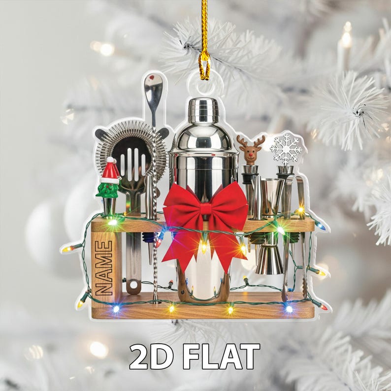 Personalized Bartender 2D FLAT Christmas Ornament, Bar Tool Set with Shaker Decoration, Lights, Custom Name Cocktail Lover Holiday Gift
