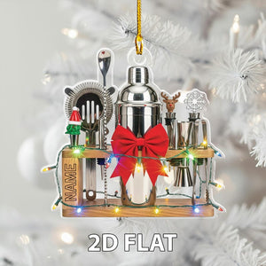 Personalized Bartender 2D FLAT Christmas Ornament, Bar Tool Set with Shaker Decoration, Lights, Custom Name Cocktail Lover Holiday Gift