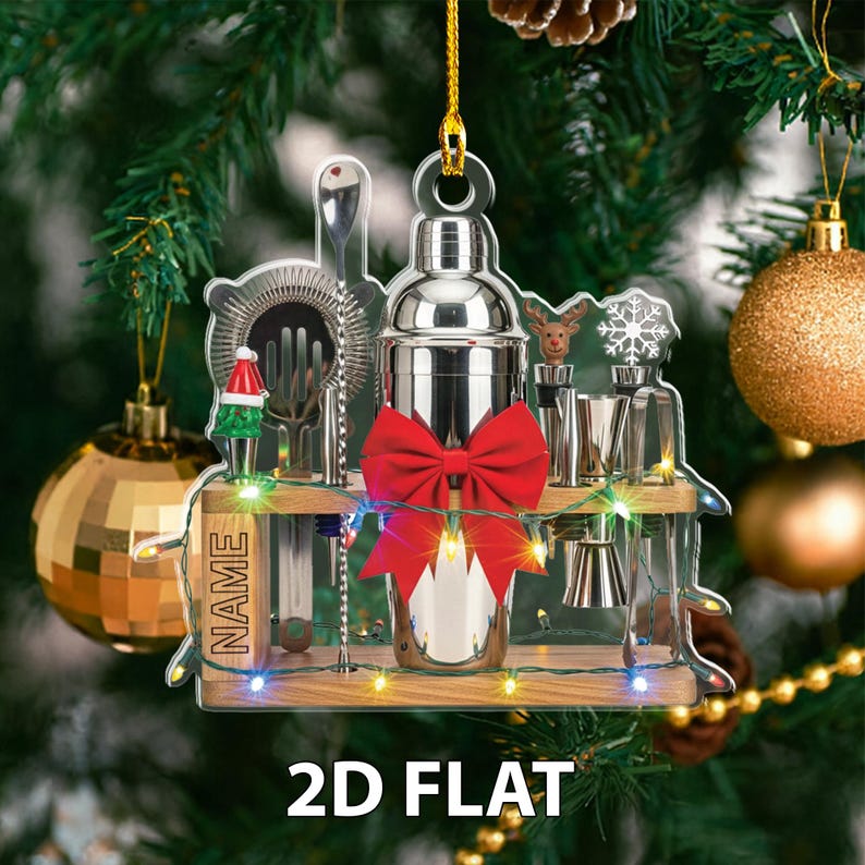 Personalized Bartender 2D FLAT Christmas Ornament, Bar Tool Set with Shaker Decoration, Lights, Custom Name Cocktail Lover Holiday Gift