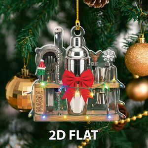 Personalized Bartender 2D FLAT Christmas Ornament, Bar Tool Set with Shaker Decoration, Lights, Custom Name Cocktail Lover Holiday Gift