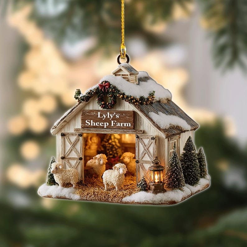 Personalized Sheep Farm Ornament 2025, Custom Barn Christmas Decoration Farm Animal Lover Gift Rustic Holiday Keepsake, 2D flat ornament