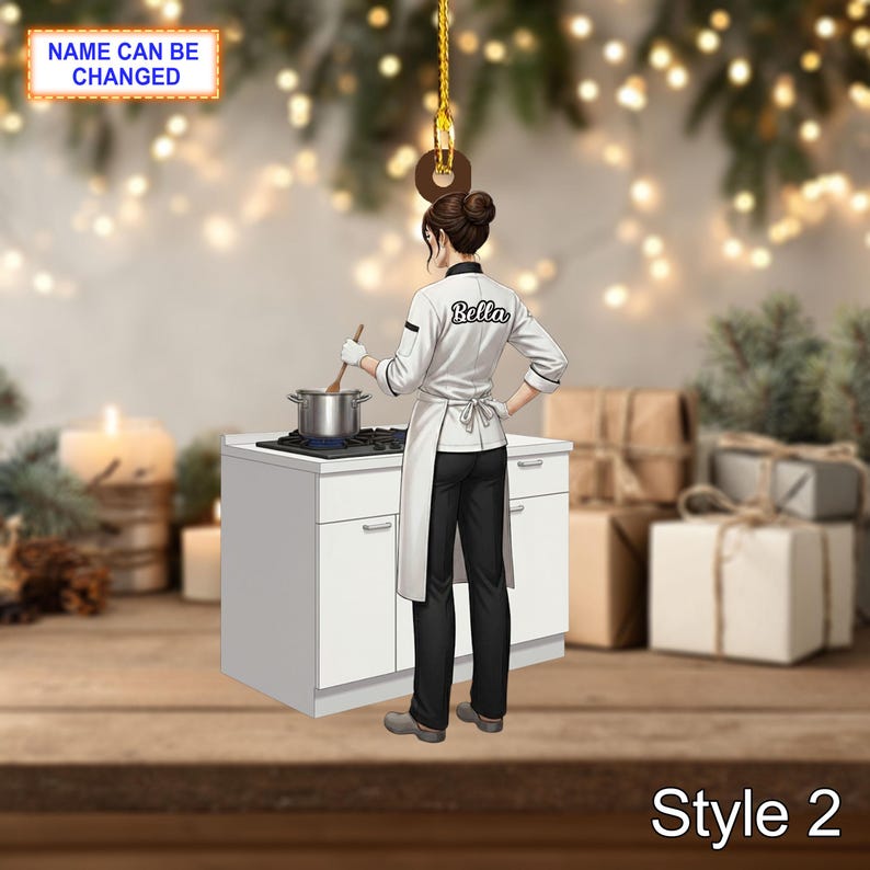 Custom Name Chef Christmas Ornament, Holiday Tree Hanging Decor, 2D Flat Acrylic Wooden Ornament, Unique Chef Gift, Festive Kitchen Decor