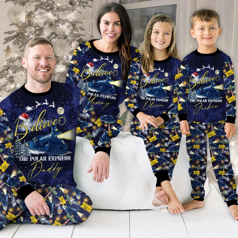 Custom Name Po-lar Express Family Christmas Pajamas, Custom Matching Holiday PJs, Believe Train Xmas Sleepwear, Xmas Pajamas Matching