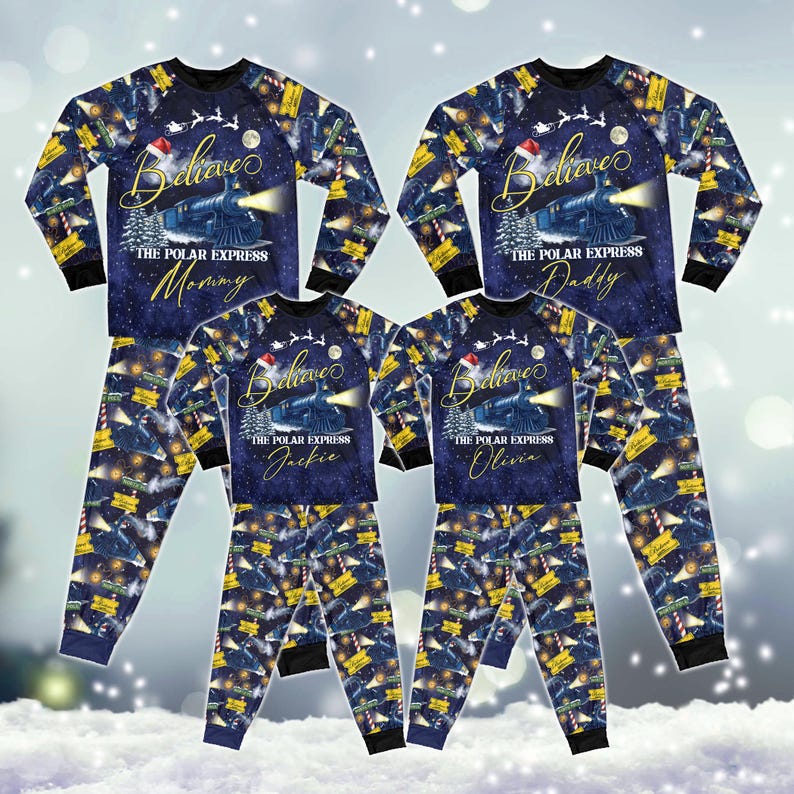 Custom Name Po-lar Express Family Christmas Pajamas, Custom Matching Holiday PJs, Believe Train Xmas Sleepwear, Xmas Pajamas Matching