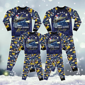 Custom Name Po-lar Express Family Christmas Pajamas, Custom Matching Holiday PJs, Believe Train Xmas Sleepwear, Xmas Pajamas Matching