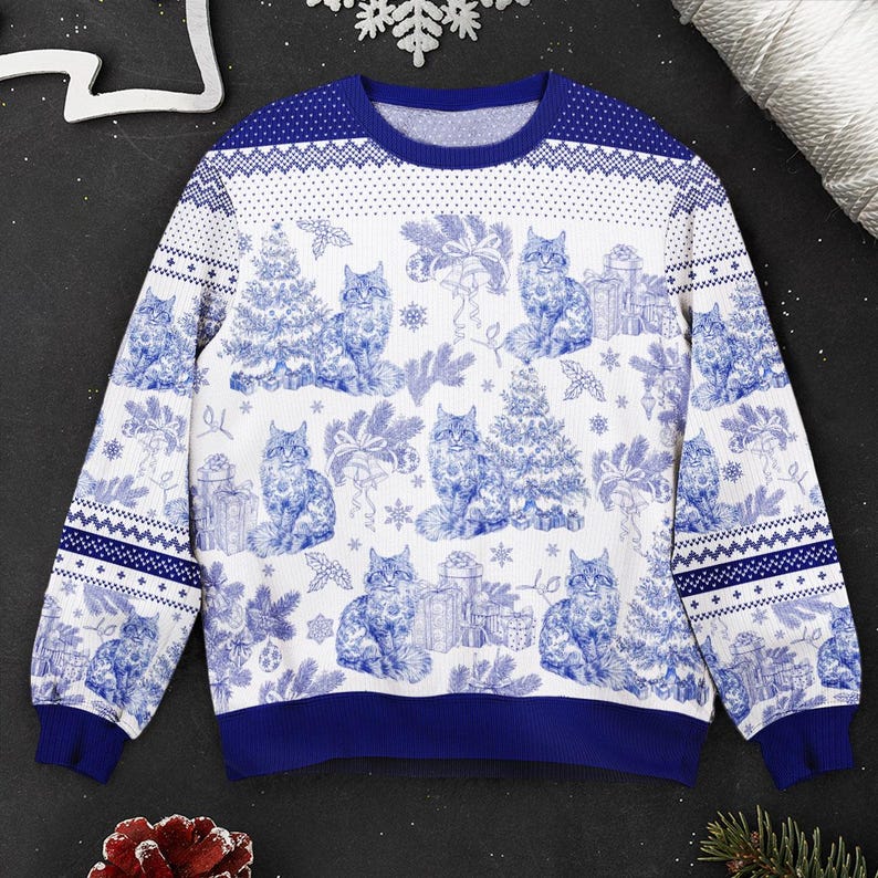 Custom Cat Breeds Christmas Tree, Toile De Jouy, Personalized Ugly Sweater, Cat Lover Gift, Unisex Holiday Sweater, Funny Pet Lover Gifts