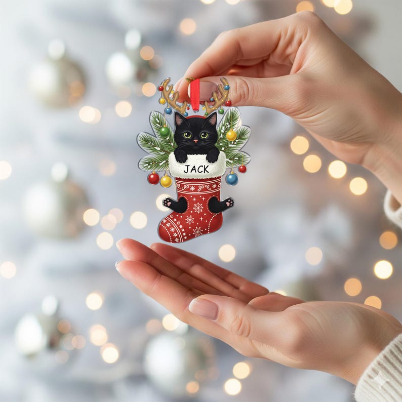 Personalized Black Cat Christmas Ornament: Custom Pet Stocking Decoration