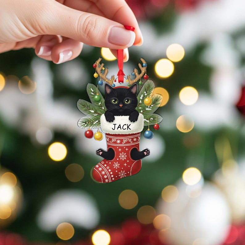 Personalized Black Cat Christmas Ornament: Custom Pet Stocking Decoration