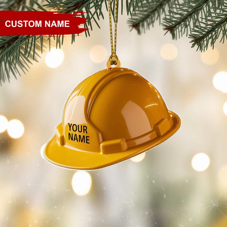Custom Construction Hard Hat Christmas Ornament, Flat 2D Acrylic Tree Hanging Decor, Personalized Gift for Builders, Engineers & Contractors