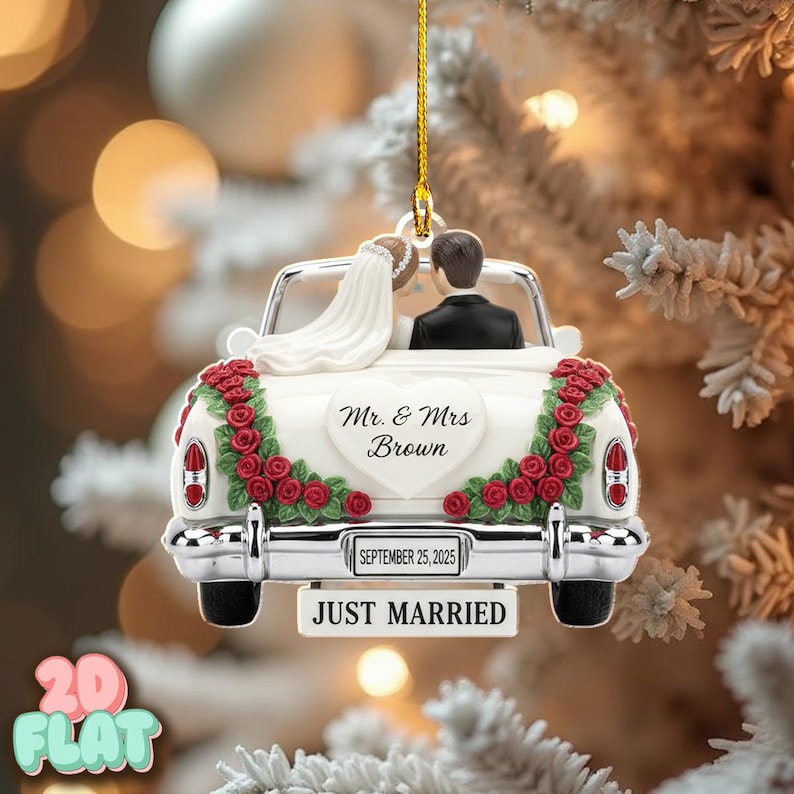 Personalized Wedding 2D FLAT Ornament, Just Married Car Christmas Ornament, Custom Bride and Groom Keepsake, Newlywed Gift Decoration