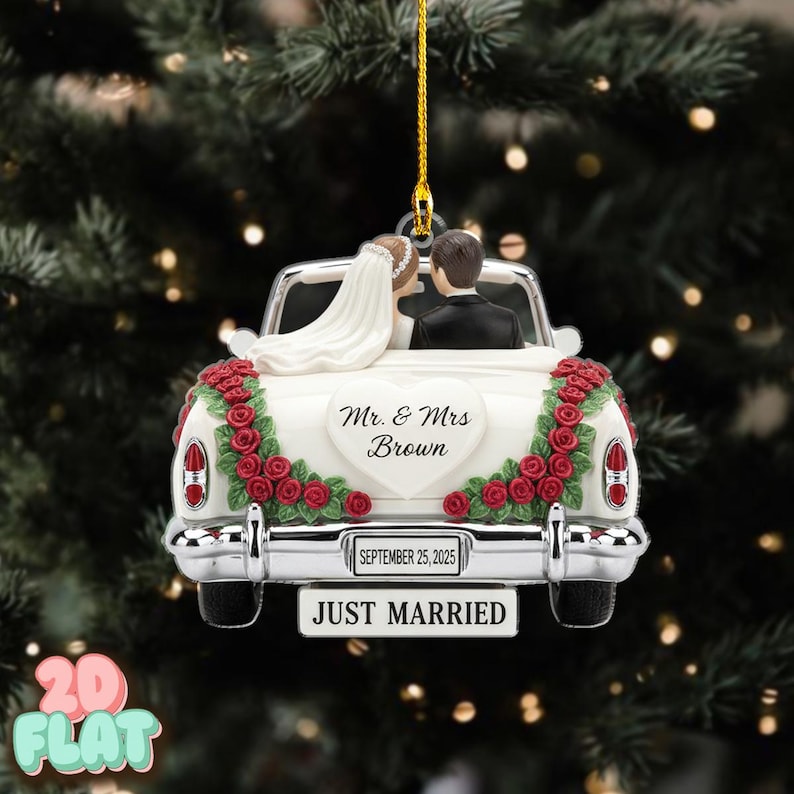 Personalized Wedding 2D FLAT Ornament, Just Married Car Christmas Ornament, Custom Bride and Groom Keepsake, Newlywed Gift Decoration