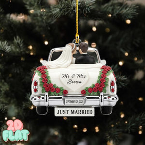 Personalized Wedding 2D FLAT Ornament, Just Married Car Christmas Ornament, Custom Bride and Groom Keepsake, Newlywed Gift Decoration