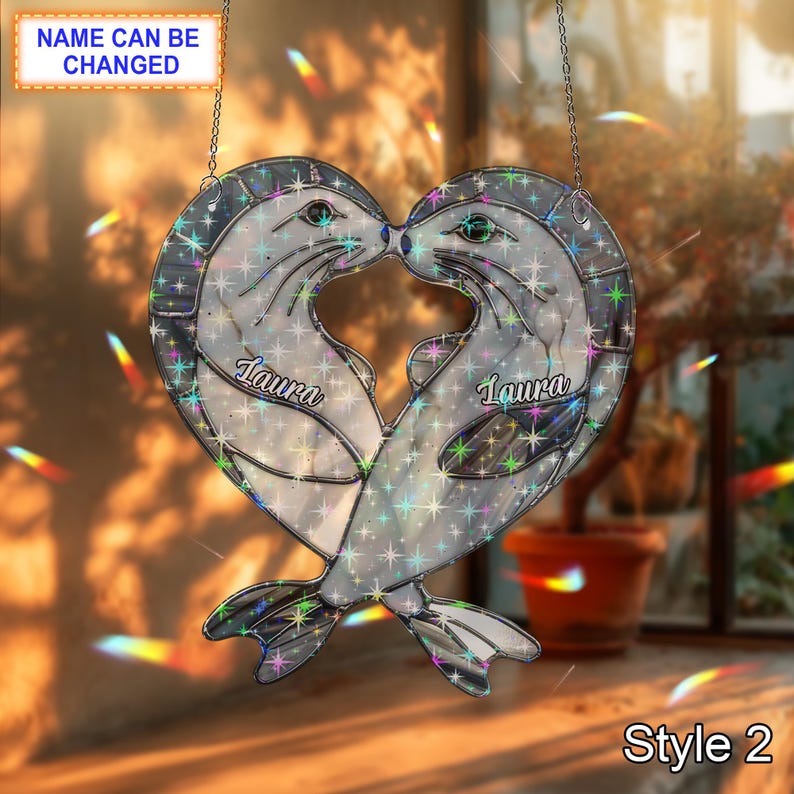 Seal Heart Hologram Acrylic Window Hanging Acrylic Inspired Holographic Animal Heart Suncatcher Retro Ocean Decor Gift
