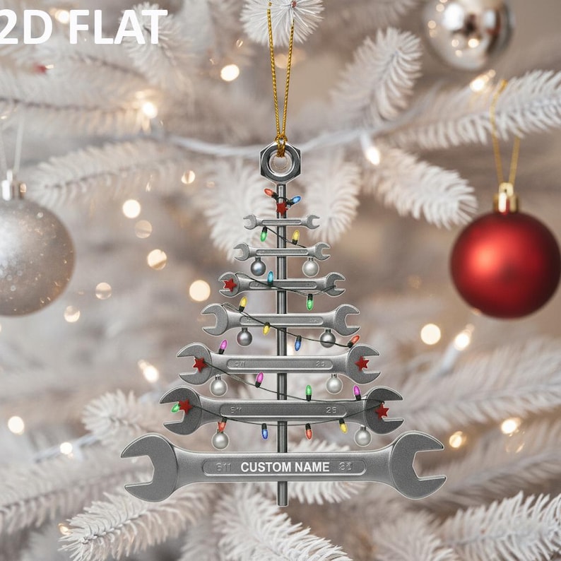 Personalized Wrench Christmas Tree 2D FLAT Ornament, Custom Mechanic Holiday Decoration, Unique Tool Garage Xmas Gift for Him