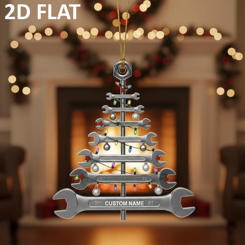 Personalized Wrench Christmas Tree 2D FLAT Ornament, Custom Mechanic Holiday Decoration, Unique Tool Garage Xmas Gift for Him