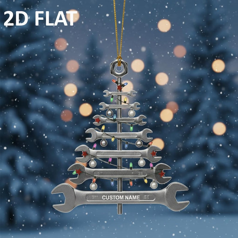 Personalized Wrench Christmas Tree 2D FLAT Ornament, Custom Mechanic Holiday Decoration, Unique Tool Garage Xmas Gift for Him
