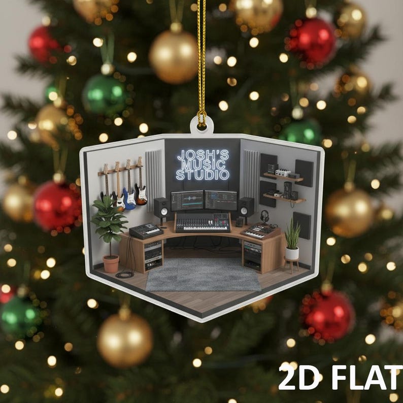 Personalized Music Studio 2D FLAT Ornament, Custom Recording Studio Christmas Decoration, Unique Musician Holiday Xmas Gift Keepsake