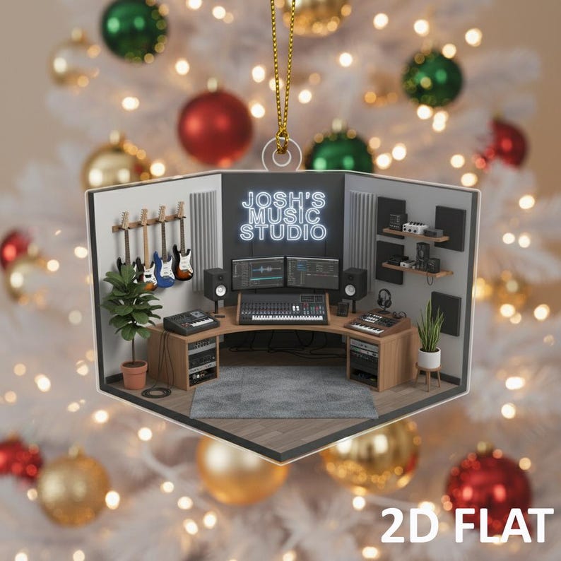 Personalized Music Studio 2D FLAT Ornament, Custom Recording Studio Christmas Decoration, Unique Musician Holiday Xmas Gift Keepsake