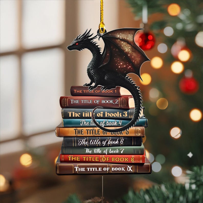 Custom Fantasy Dragon On Books Ornament, Personalized Book Stack Christmas Gift For Readers 2025 Book Ornament Tree Decor