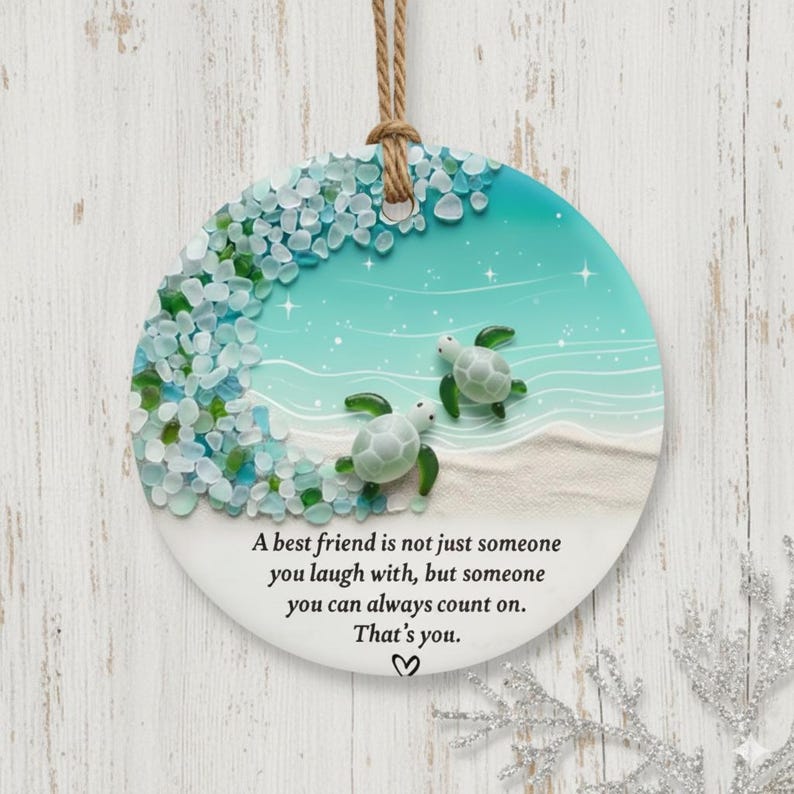 Personalized Sea Glass Heart Ornament Best Friend Quote Keepsake with Turtle Design Christmas Tree Hanging Decor Gift for Friends