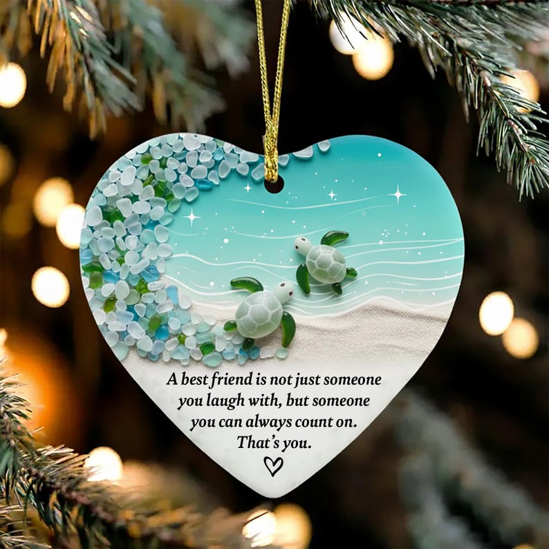 Personalized Sea Glass Heart Ornament Best Friend Quote Keepsake with Turtle Design Christmas Tree Hanging Decor Gift for Friends